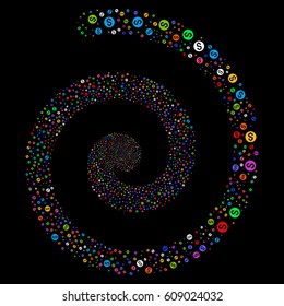 Dollar Coin burst concentric spiral. Vector bright multicolored random icons.