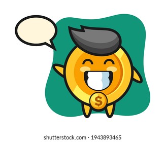 Dollar coin cartoon character doing wave hand gesture