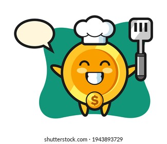 Dollar coin character illustration as a chef is cooking