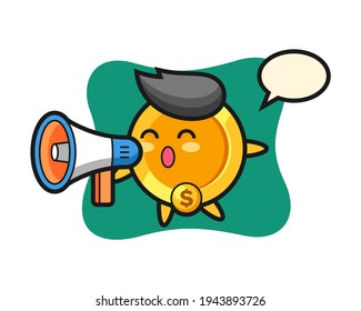 Dollar coin character illustration holding a megaphone