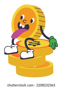 Dollar Coin Character Sitting On Gold Cash, Isolated Money Personage Sticking Out Tongue, Teasing. Smiling Personality With Legs And Arms. Sticker Or Emoticon, Emoji Icon. Vector In Flat Style