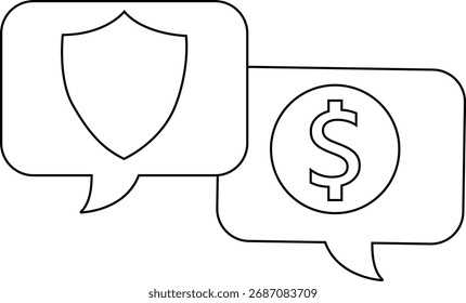 Icono del chat de la moneda del dólar y icono del escudo con el fondo blanco. Con las líneas negras
