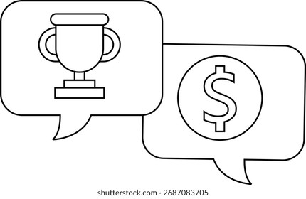 Icono de chat de moneda de dólar e icono de trofeo con fondo blanco. con líneas negras