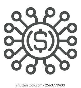 Dollar coin chip with connection line icon, financial advice concept. Vector graphics. Money microchip circuit sign on white background, outline style icon for mobile or web design