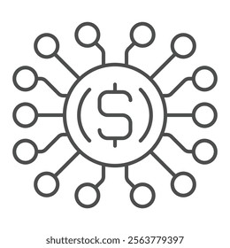 Dollar coin chip with connection thin line icon, financial advice concept. Vector graphics. Money microchip circuit sign on white background, outline style icon for mobile or web design