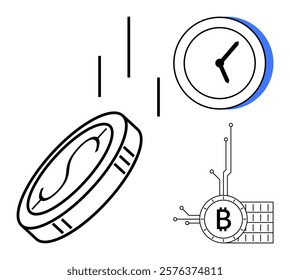 A dollar coin, clock, and Bitcoin highlight contrasts between fiat and digital currency and the importance of time in finance. Ideal for financial literacy, cryptocurrency education, time management