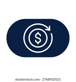 dollar coin with clockwise circular arrow icon representing refund cashback reimbursement reversal payment return recovery reset on dark navy blue horizontal pill shaped background