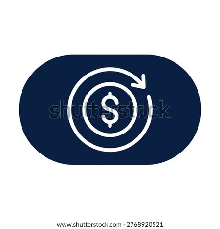 dollar coin with clockwise circular arrow icon representing refund cashback reimbursement reversal payment return recovery reset on dark navy blue horizontal pill shaped background