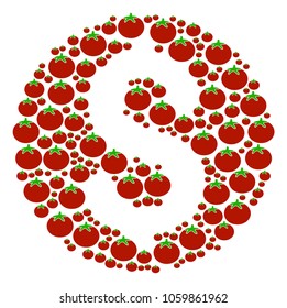Dollar Coin collage of tomato vegetables in different sizes. Vector tomatoes elements are combined into dollar coin figure. Tomatoes vector illustration.