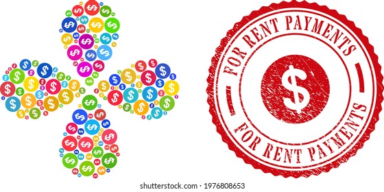 Dollar coin colored curl abstract flower, and red round FOR RENT PAYMENTS rough stamp print. Dollar coin symbol inside round stamp print.