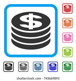 Dollar Coin Column icon. Flat grey iconic symbol in a blue rounded squared frame. Black, gray, green, blue, red, orange color versions of Dollar Coin Column vector. Designed for web and software UI.