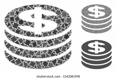 Dollar coin column mosaic of trembly parts in various sizes and color tinges, based on dollar coin column icon. Vector uneven parts are united into mosaic.