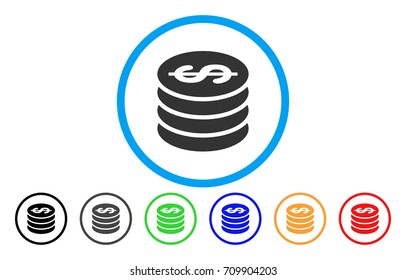 Dollar Coin Column rounded icon. Vector illustration style is a gray flat iconic dollar coin column symbol inside a circle. Additional color versions are black, gray, green, blue, red, orange.