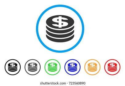 Dollar Coin Column rounded icon. Style is a flat dollar coin column gray symbol inside light blue circle with black, gray, green, blue, red, orange color versions.