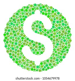 Dollar Coin composition of filled circles in variable sizes and green color hues. Vector round elements are combined into dollar coin collage. Ecology design concept.
