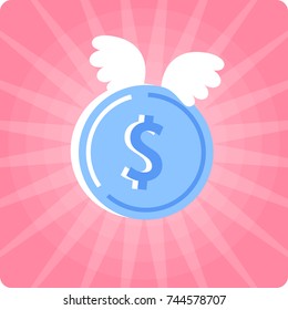 The dollar coin concept illustration. Flat illustration of coin with wings and dollar sign. Vector design element on the colorful background. The profit, win, prize, income, earnings, success concept.