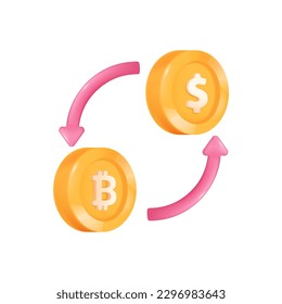 Ilustración 3D de moneda en dólares y cambio de criptodivisa. Dibujo de dibujos animados de monedas de oro con diferentes símbolos en estilo 3D sobre fondo blanco. Negocio, finanzas, concepto criptodivisa