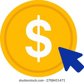 Dollar coin with cursor pay per click flat vector icon