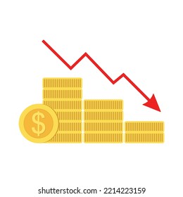 Dollar coin is decreasing with red arrow down isolated on white background