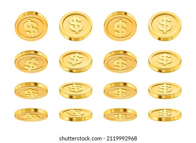 Dollar coin different position for animation, realistic golden money. Vector interface of financial assets, side and back, front look and perspective. Treasure and earnings, savings and assets