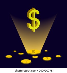 Dollar coin disperse focus Dollar sign glitter yellow light / vector graphic 
