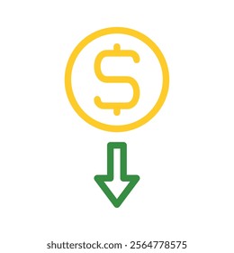 Dollar coin with down arrow. Concept of financial loss, reduction, and decrease.