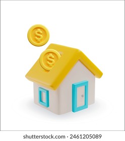 Dollarmünze fällt in Haus 3D-Stil Vektorillustration. Immobilien Investitionen, Miete, Hypothek oder Darlehen. Anzahlung für den Hauskauf. Kauf und Verkauf von Eigenheimen