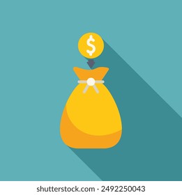 Dollar coin falling into a money bag, simple style illustration with long shadow