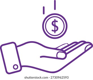Una moneda de dólar cayendo en una mano extendida, que simboliza recibir ingresos o pagos aislados sobre fondo blanco, ilustración