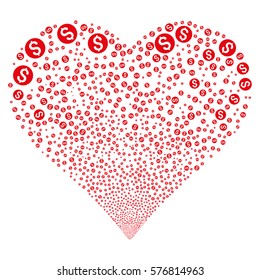 Dollar Coin fireworks with heart shape. Vector illustration style is flat red iconic symbols on a white background. Object salute organized from random icons.