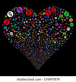 Dollar Coin fireworks with heart shape. Vector illustration style is flat bright multicolored iconic symbols on a black background. Object valentine heart created from scattered symbols.