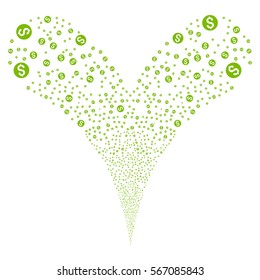 Dollar Coin fireworks stream. Vector illustration style is flat eco green iconic symbols on a white background. Object double fountain done from random symbols.
