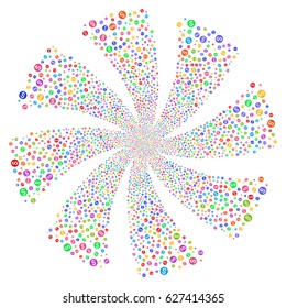 Dollar Coin fireworks swirl rotation. Vector illustration style is flat bright multicolored iconic symbols on a white background. Object whirlpool created from random pictograms.