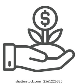 Dollar coin flower in hand line icon, bank account concept. Vector graphics. Deposit case growth sign on white background, outline style icon for mobile or web design