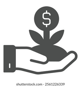 Dollar coin flower in hand solid icon, bank account concept. Vector graphics. Deposit case growth sign on white background, glyph style icon for mobile or web design