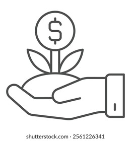 Dollar coin flower in hand thin line icon, bank account concept. Vector graphics. Deposit case growth sign on white background, outline style icon for mobile or web design