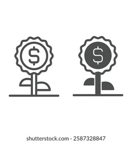 Dollar coin flower line and solid icon, financial advice concept. Vector graphics. Money coin portfolio growth sign on white background, outline style icon for mobile or web design