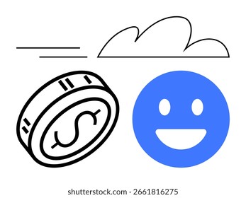 Moneda de dólar volando con líneas de movimiento, cara azul sonriente y nube estilizada. Ideal para finanzas, felicidad, velocidad, éxito, Clima de activos digitales y resultados positivos. Metáfora de línea
