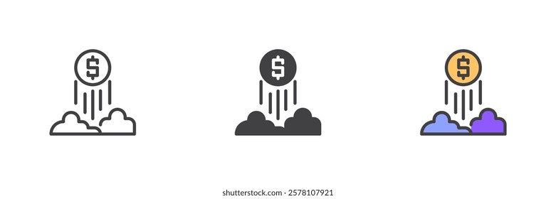 Dollar coin flying up in the sky different style icon set. Line, glyph and filled outline colorful version, outline and filled vector sign. Financial independence Symbol, logo illustration