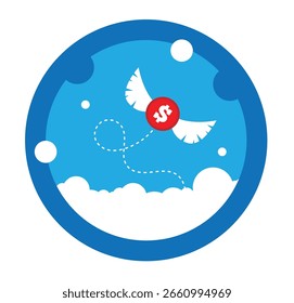 Dollar Coin Flying in the Sky Round Emblem Sticker. Doing business and earning income vector art