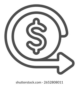 Dollarmünze mit Vorwärtspfeillinie Symbol, Financial Tech-Konzept. Vektorgrafiken. Münzsaldo zurückziehen, Finanzzeichen auf weißem Hintergrund, Umrissstil-Symbol für Mobil- oder Webdesign