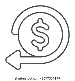 Moneda de dólar con flecha de giro hacia adelante icono de línea delgada, concepto de tecnología financiera. Gráficos de Vector. Retiro del balance de la moneda, muestra de las finanzas en el fondo blanco, icono del estilo del contorno para el móvil o el Diseño web