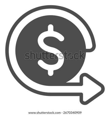 Dollar coin with forward turn arrow solid icon, financial tech concept. Vector graphics. Coin balance withdraw, finance sign on white background, glyph style icon for mobile or web design