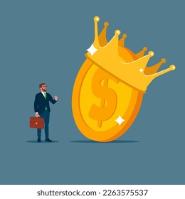 Dollar coin with gold crown. Dollar currency king concept. Modern vector illustration in flat style