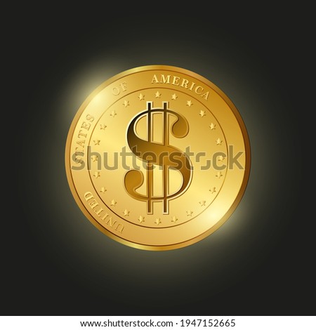 Dollar coin. Golden shining coin. Vector illustration of money. Luxury USD