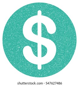 Dollar Coin grainy textured icon for overlay watermark stamps. Flat symbol with dirty texture. Dotted vector cyan ink rubber seal stamp with grunge design on a white background.