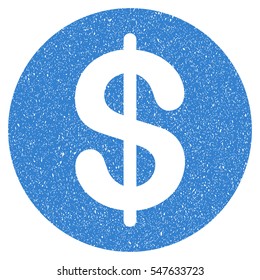 Dollar Coin grainy textured icon for overlay watermark stamps. Flat symbol with scratched texture. Dotted vector cobalt ink rubber seal stamp with grunge design on a white background.