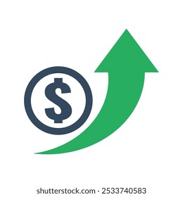 Moneda de dólar con flecha ascendente exponencial verde, indicador de crecimiento económico, tendencia positiva del mercado de valores, pictograma de ingresos en aumento