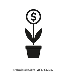 Dollar coin growing in a pot icon. Plant with a dollar. Vector. Flat design.