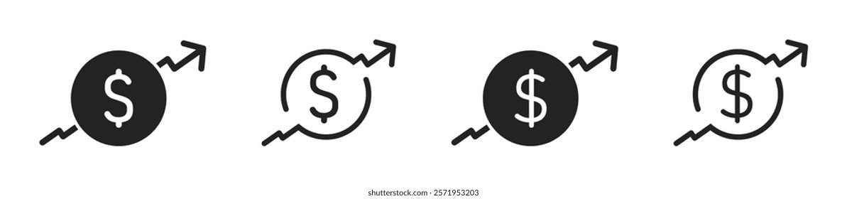 Dollar coin with growth arrow vector icon designs. Dollar rate increase vector icon set